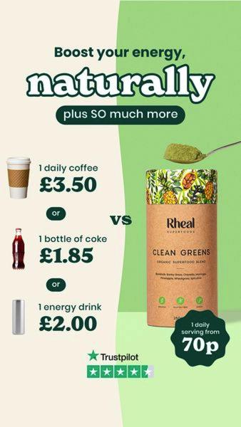 A vertical ad creative that compares the daily cost of coffee, soda, and energy drinks against the affordable daily serving price of a superfood powder blend.